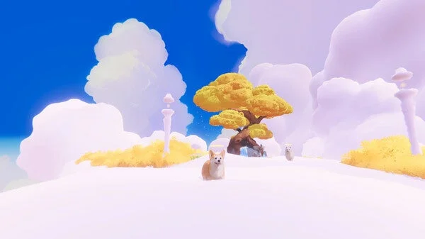 ゲーム内に登場する雲の上の世界とコーギー