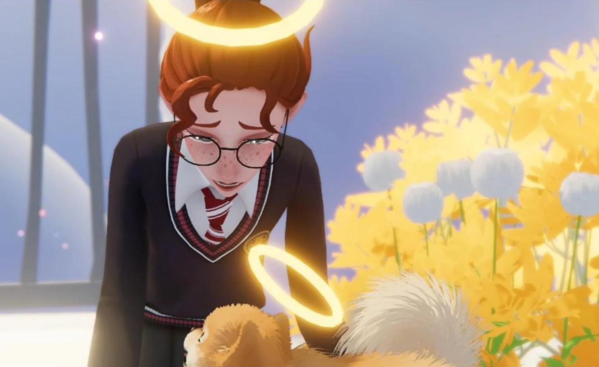 ゲーム内の人物と犬が触れ合う感動的なシーン