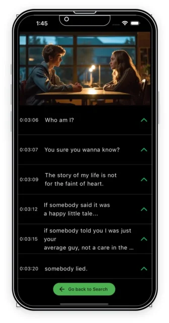 Duosubアプリの英語字幕表示機能のデモ画面