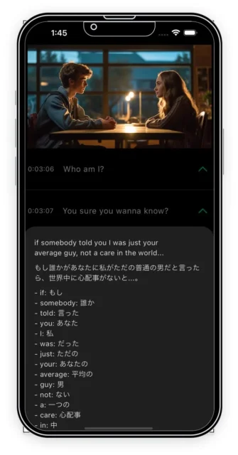 Duosubアプリの英単語辞書機能のデモ画面