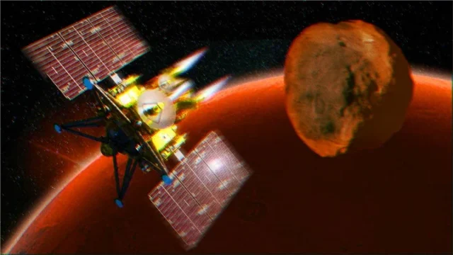 火星とその衛星フォボスに接近するJAXAの火星衛星探査機MMXの想像図