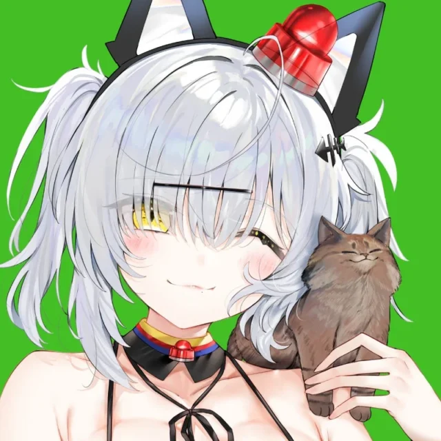 VTuber「猫元パト」のキャラクタービジュアル（猫を肩に乗せている）