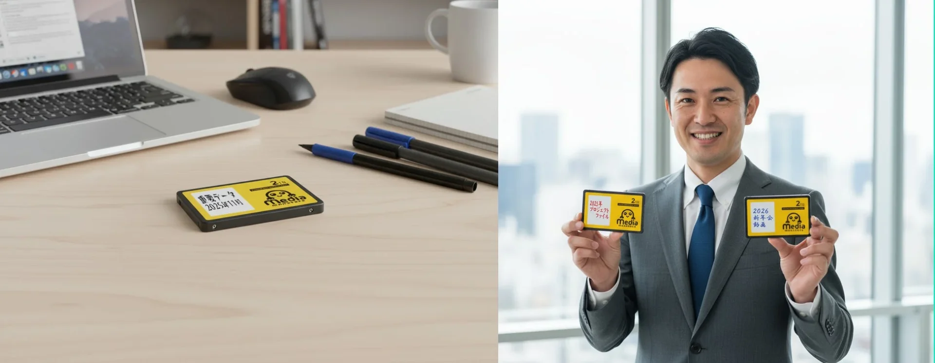 手書きスペース付きメディアモンスターSATA内蔵SSDとそれを持つビジネスマン