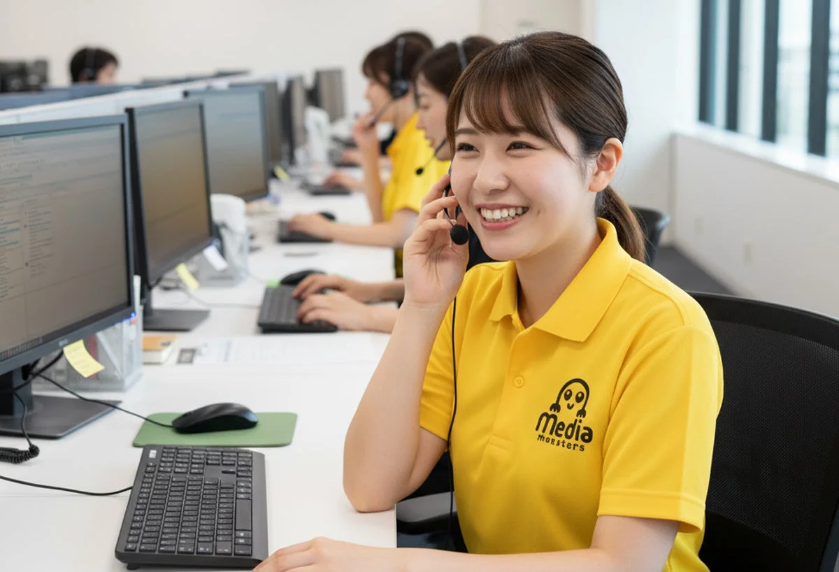 メディアモンスター国内サポートセンターのスタッフが電話対応する様子