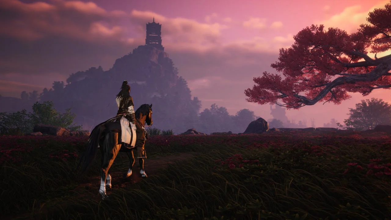 馬に乗り夕焼けの広野を進む『風燕伝』のゲーム画面