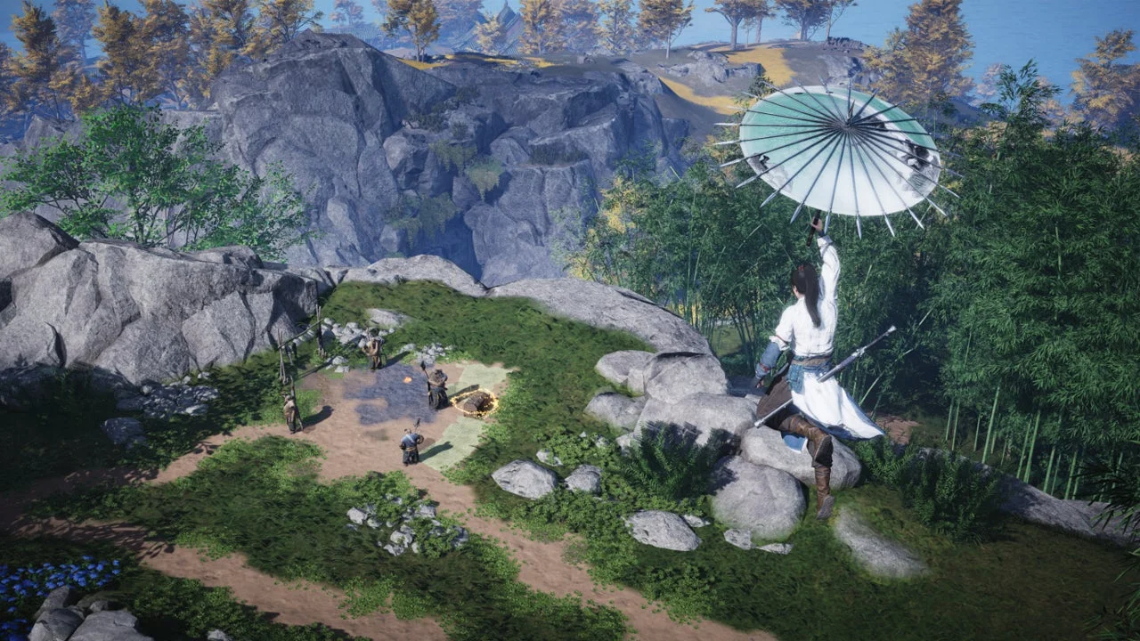 傘を掲げ崖の上に立つキャラクターと下で焚き火をする人々