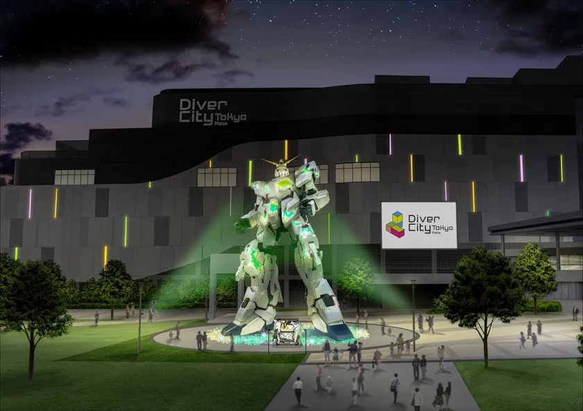 ダイバーシティ東京 プラザに立つ実物大ユニコーンガンダム立像の冬季限定ライトアップイメージ