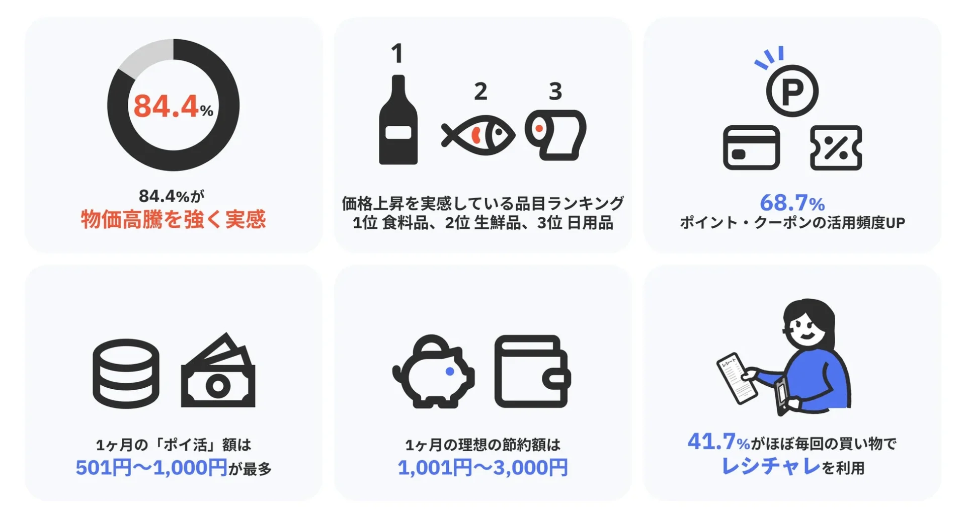 物価高騰の実感や買い物スタイルの変化、ポイ活額など主な調査結果のサマリー