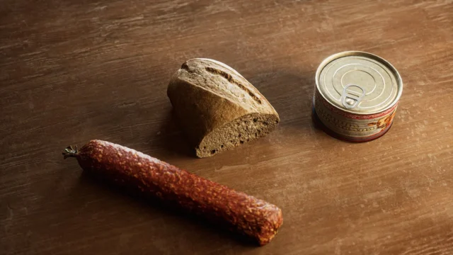 パン、ソーセージ、缶詰などの食料アイテム