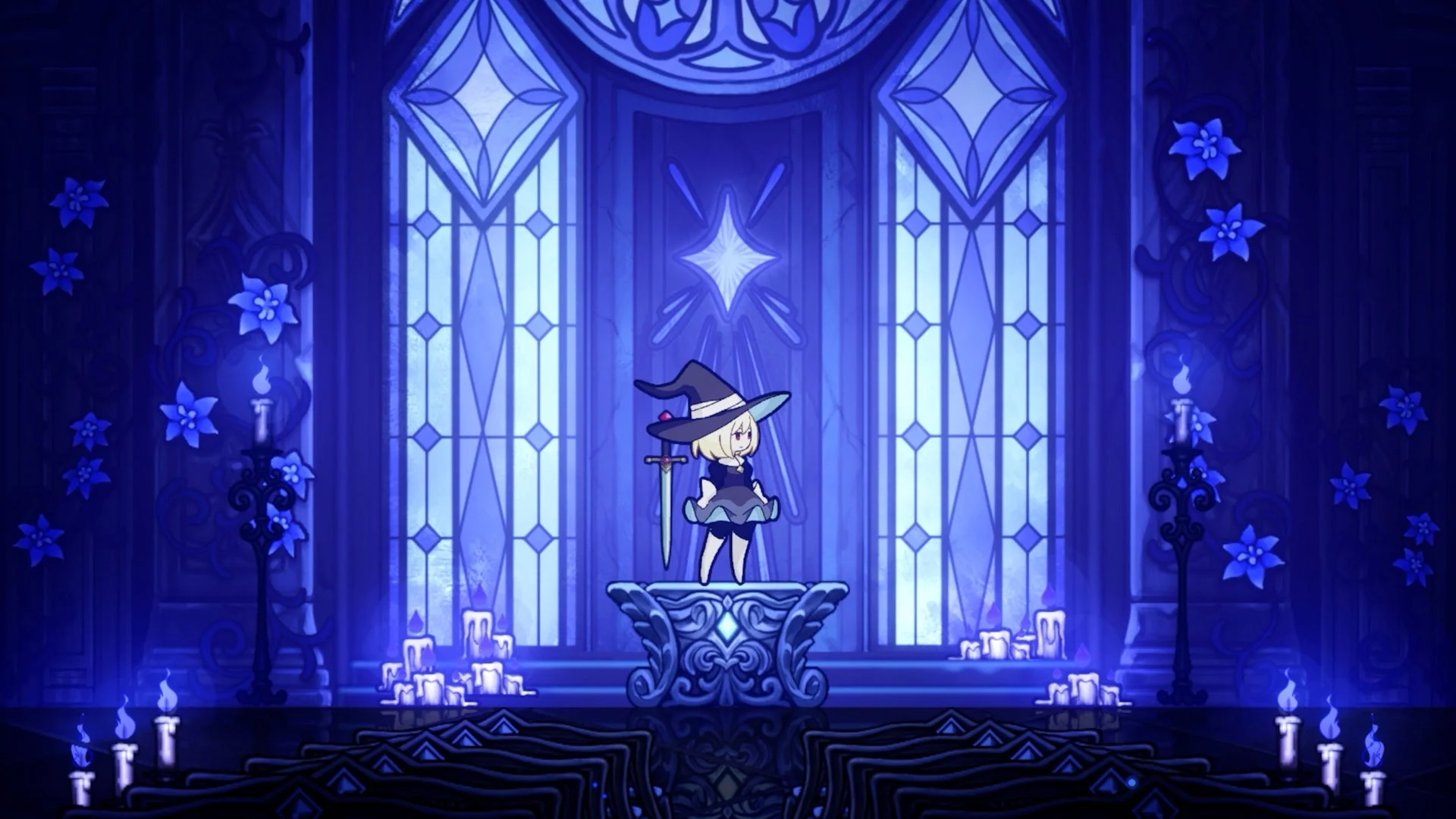 ネバーグレイブのゲーム画面。魔女が神秘的な空間に立つ