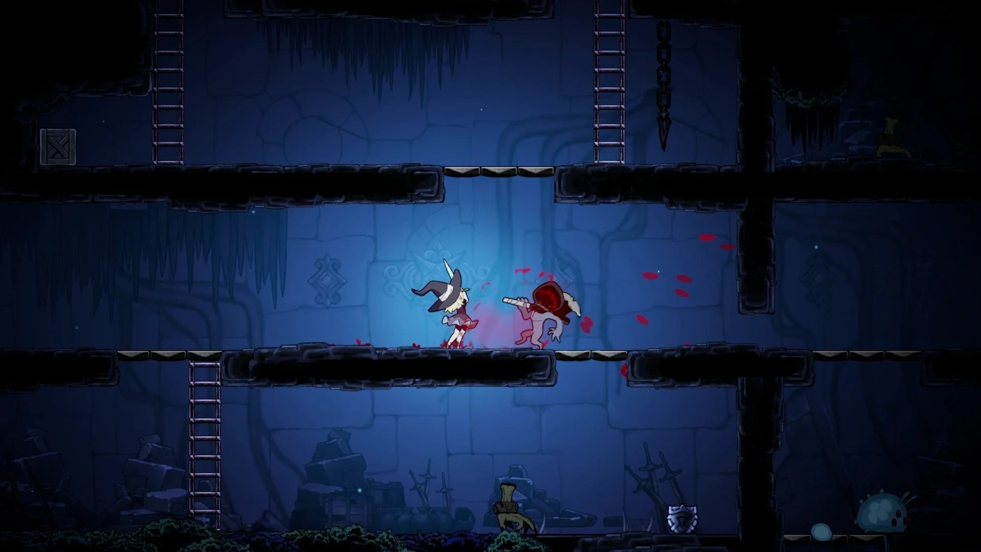 ネバーグレイブのゲーム画面。魔女が敵と戦うアクションシーン