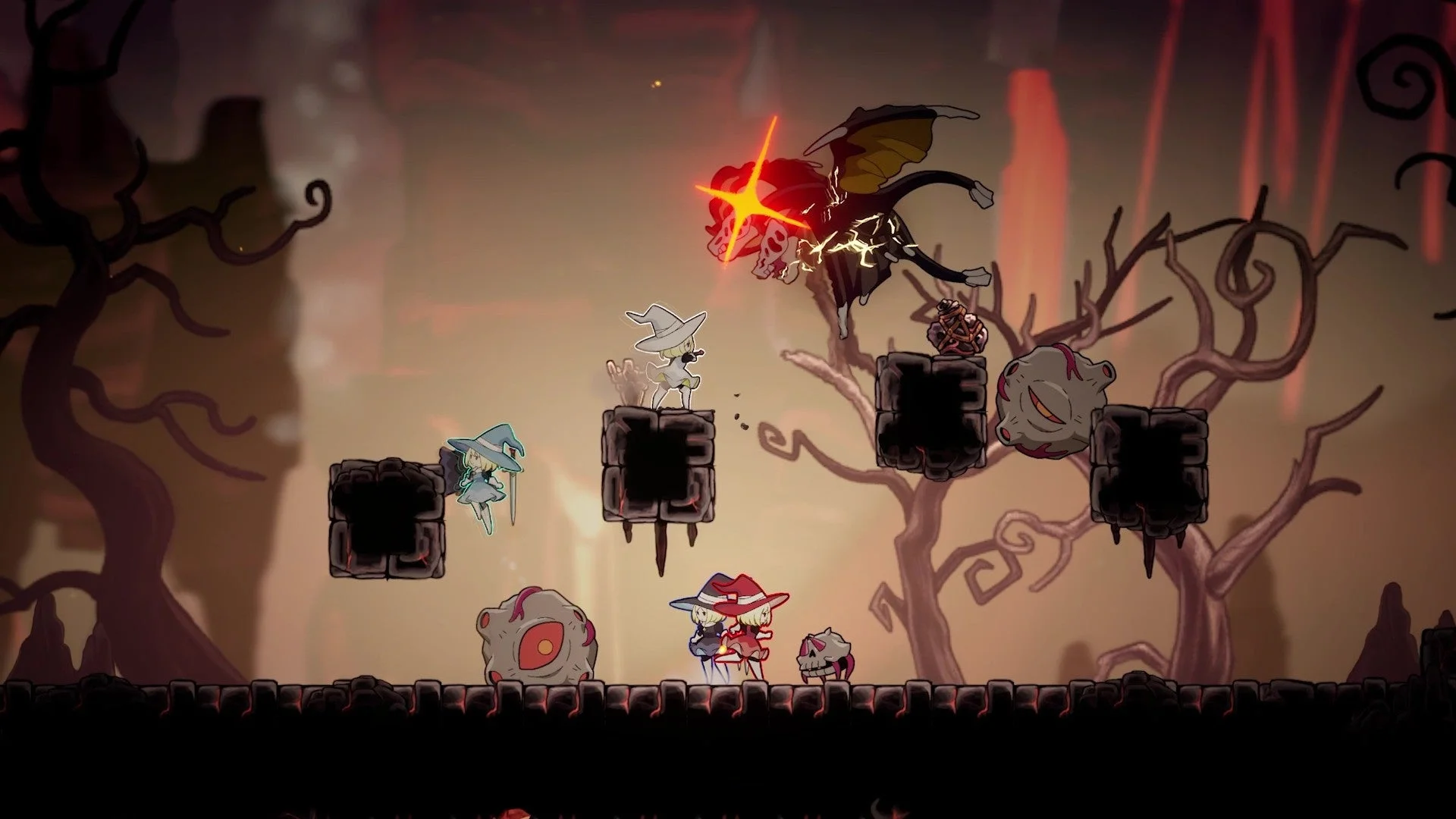 ネバーグレイブのゲーム画面。複数のキャラクターによる協力プレイ