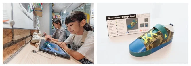 キッザニアくつ工場でデザイン体験をする子どもと完成したペーパークラフト