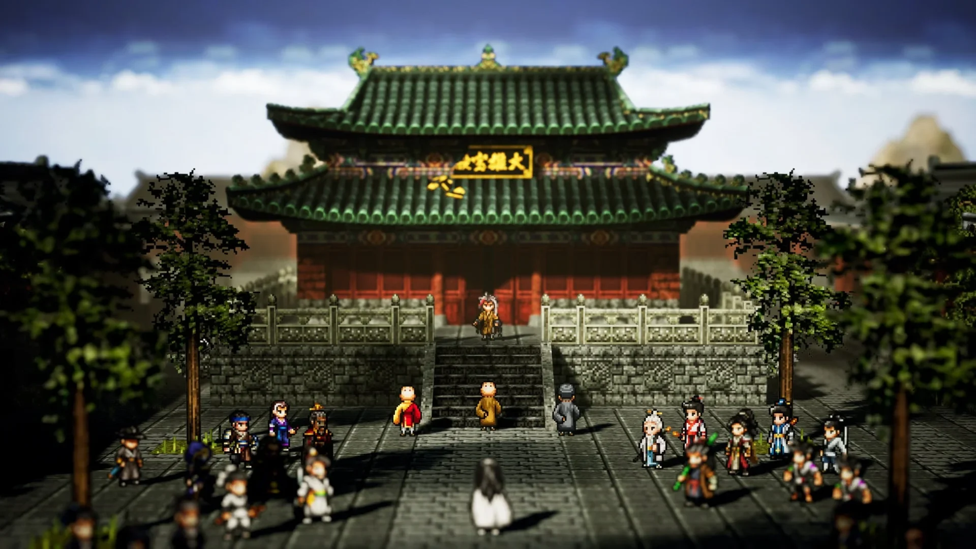 Wandering Swordのゲーム画面。昼間の中国風の建物が美しいピクセルアートで描かれている。