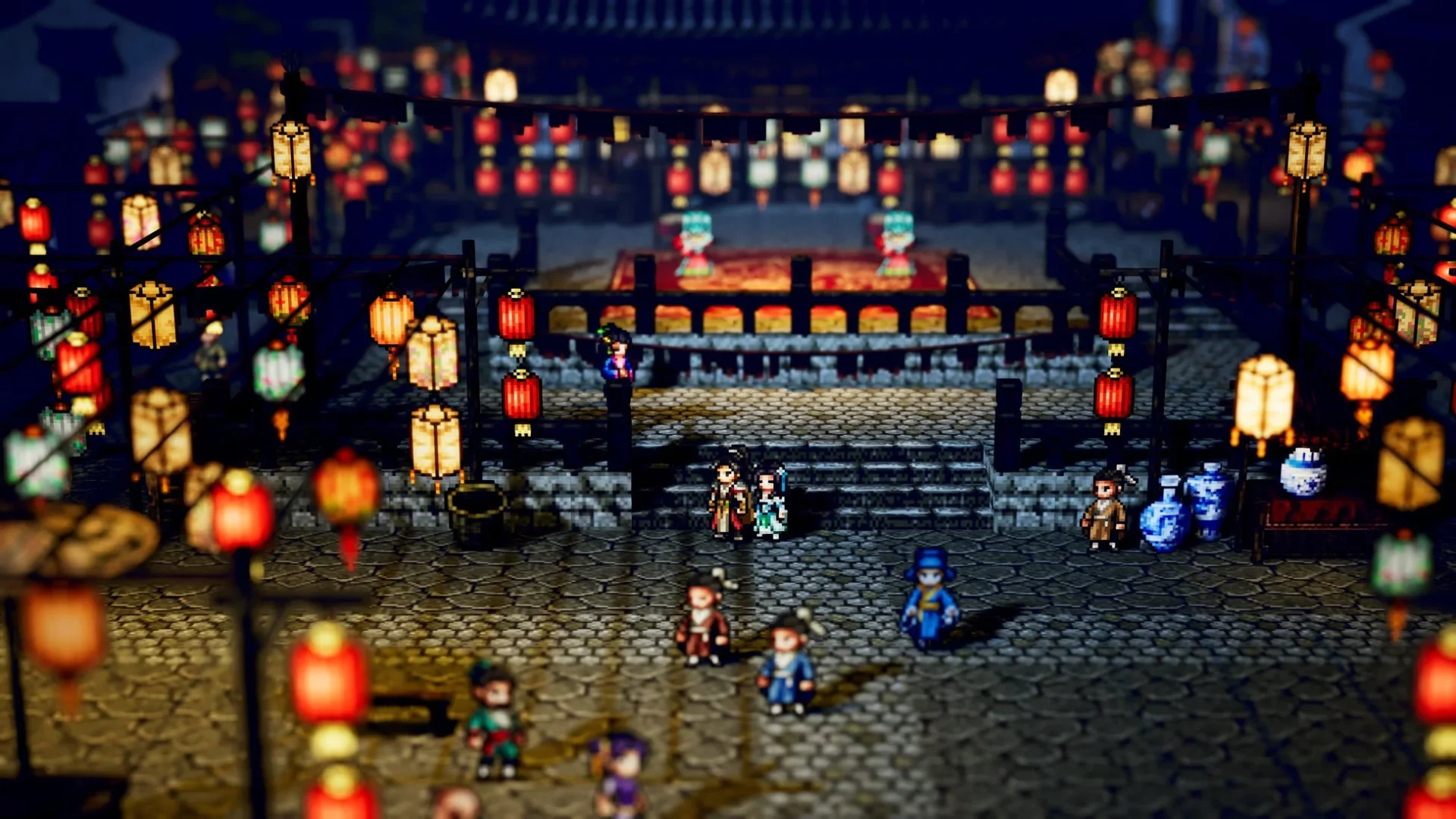 Wandering Swordのゲーム画面。夜の街並みが提灯の明かりで照らされ、幻想的な雰囲気。