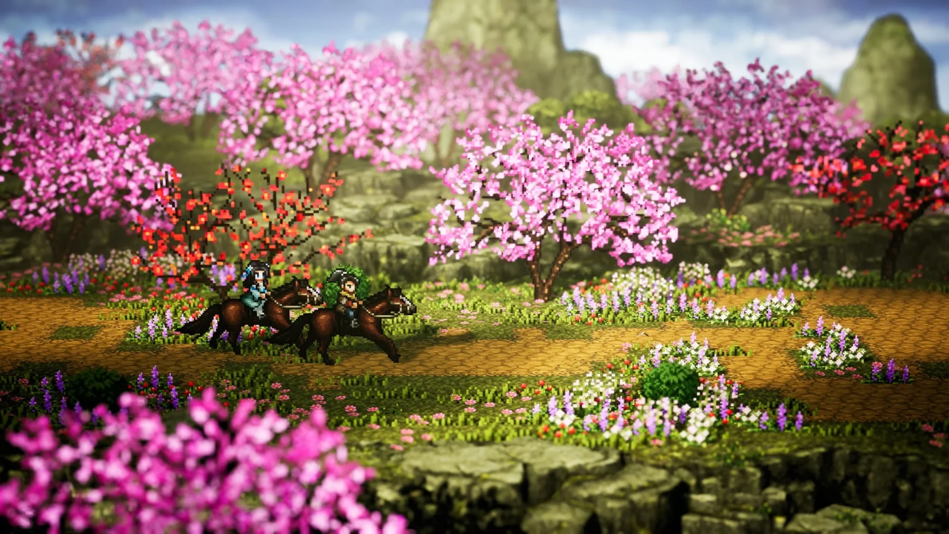 Wandering Swordのゲーム画面。桜並木の中を馬で進むキャラクターたち。