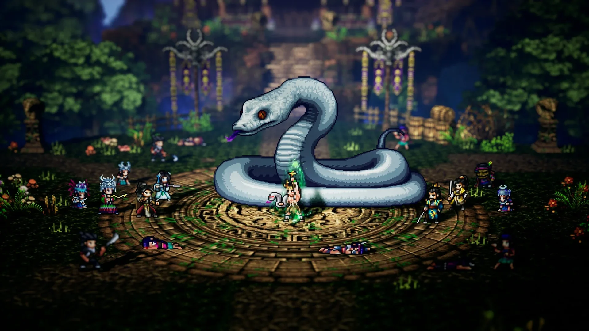 Wandering Swordのバトル画面。巨大な蛇を囲んでキャラクターたちが戦っている。