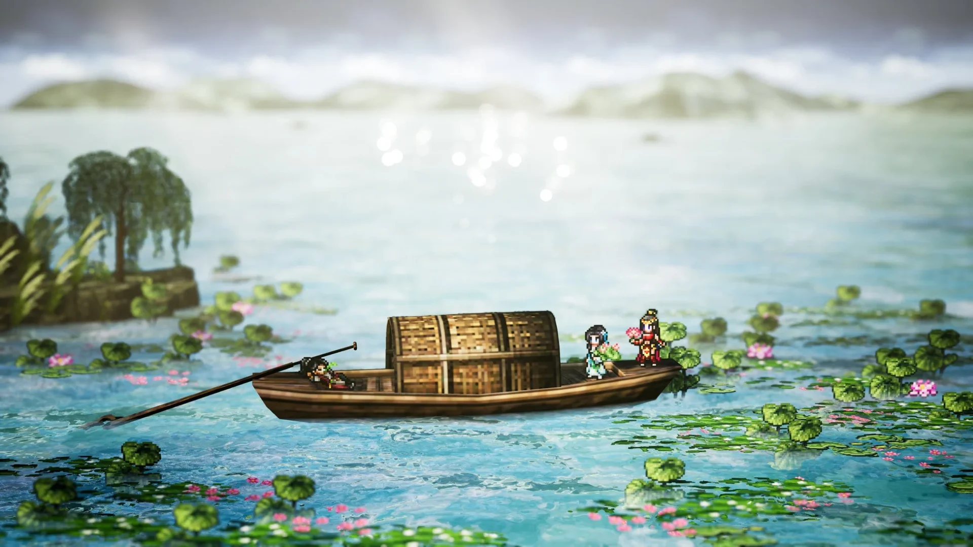 Wandering Swordのゲーム画面。水面に浮かぶ小舟に乗るキャラクターたちと蓮の葉。