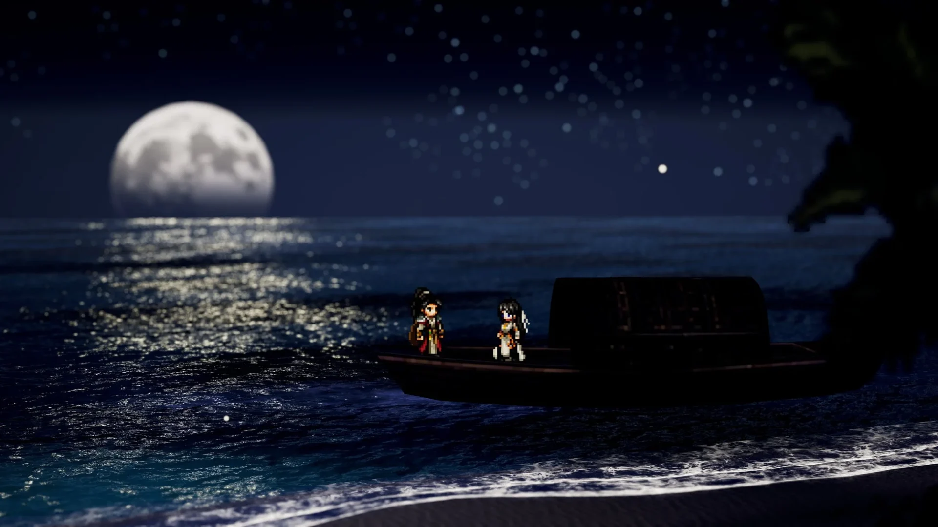 Wandering Swordのゲーム画面。月夜の海辺で小舟に乗るキャラクターたち。