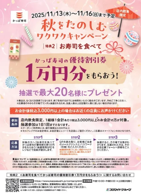かっぱ寿司の優待割引券1万円分プレゼントキャンペーンの詳細告知。