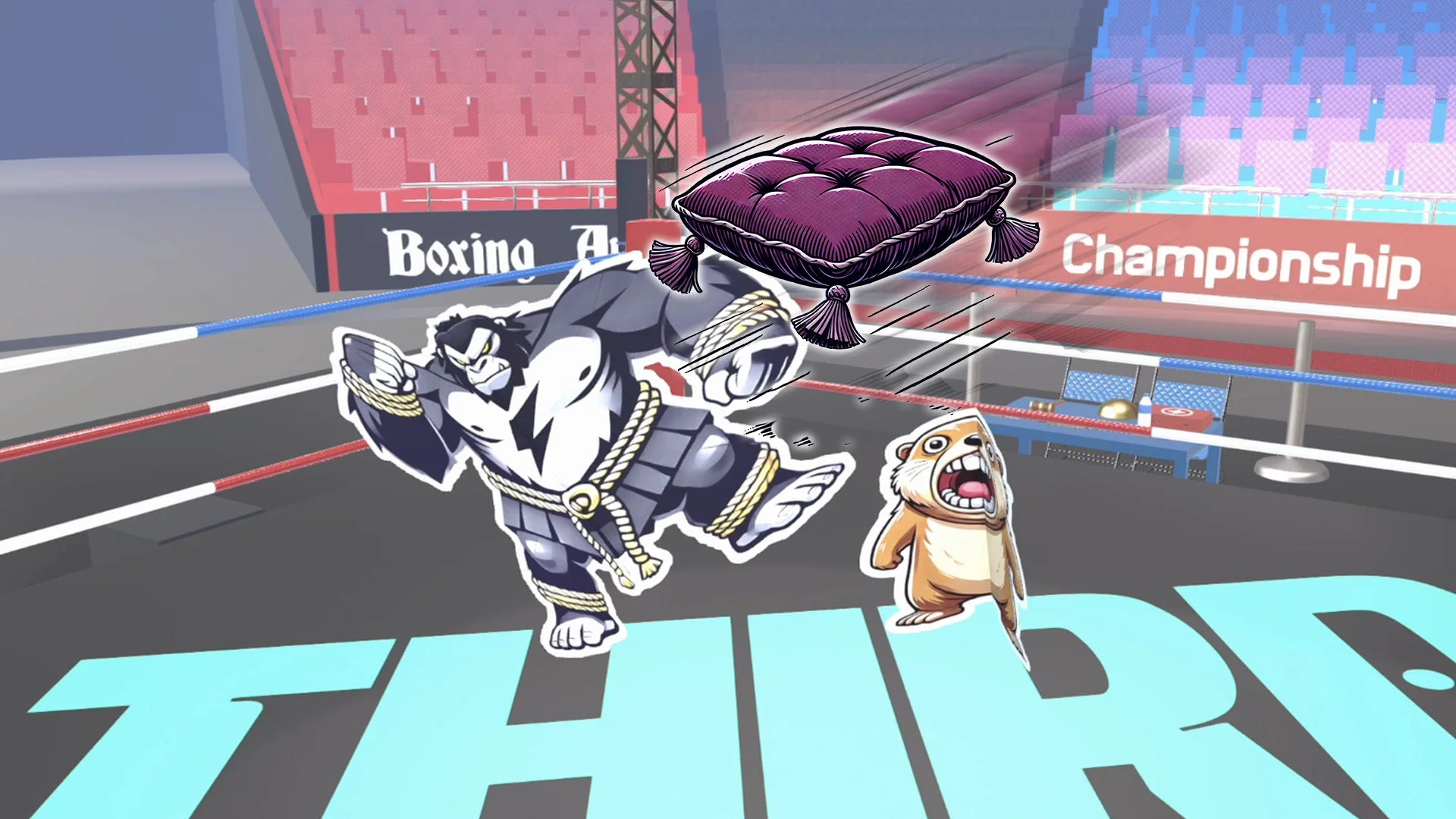 視聴者介入アイテム「座布団をぶつける」が使われた「とんとんバトルアリーナ」のプレイ画面