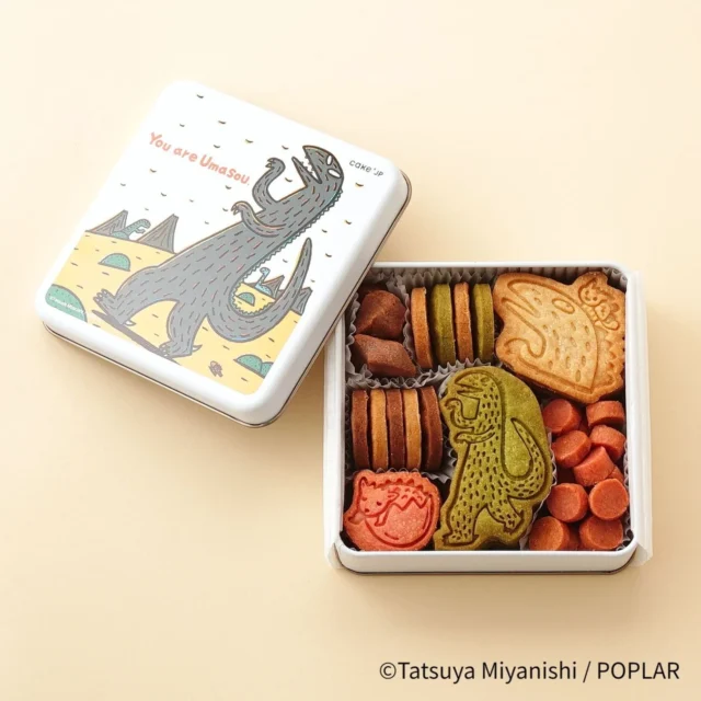 「おまえうまそうだな」のウマソウなクッキー缶。ティラノサウルスやアンキロサウルスを模したクッキー