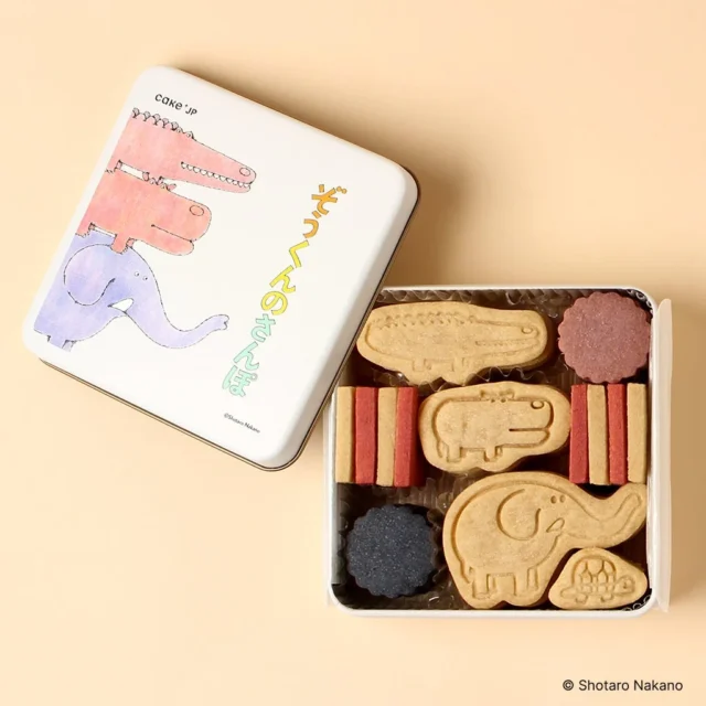 「ぞうくんのさんぽ」クッキー缶。ぞうやワニの形をしたクッキー