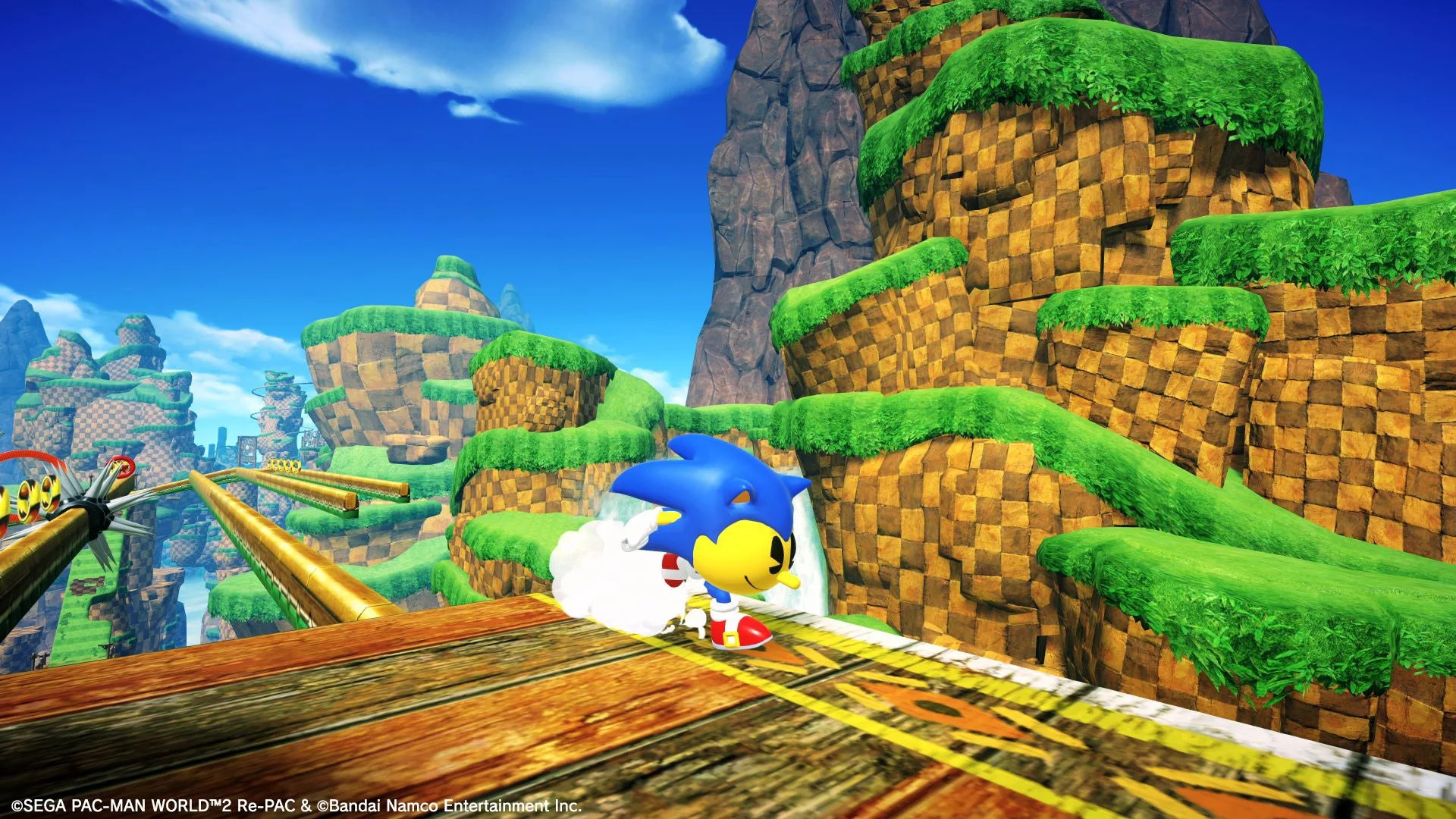 ソニック衣装をまとったパックマンがステージを走るゲーム画面