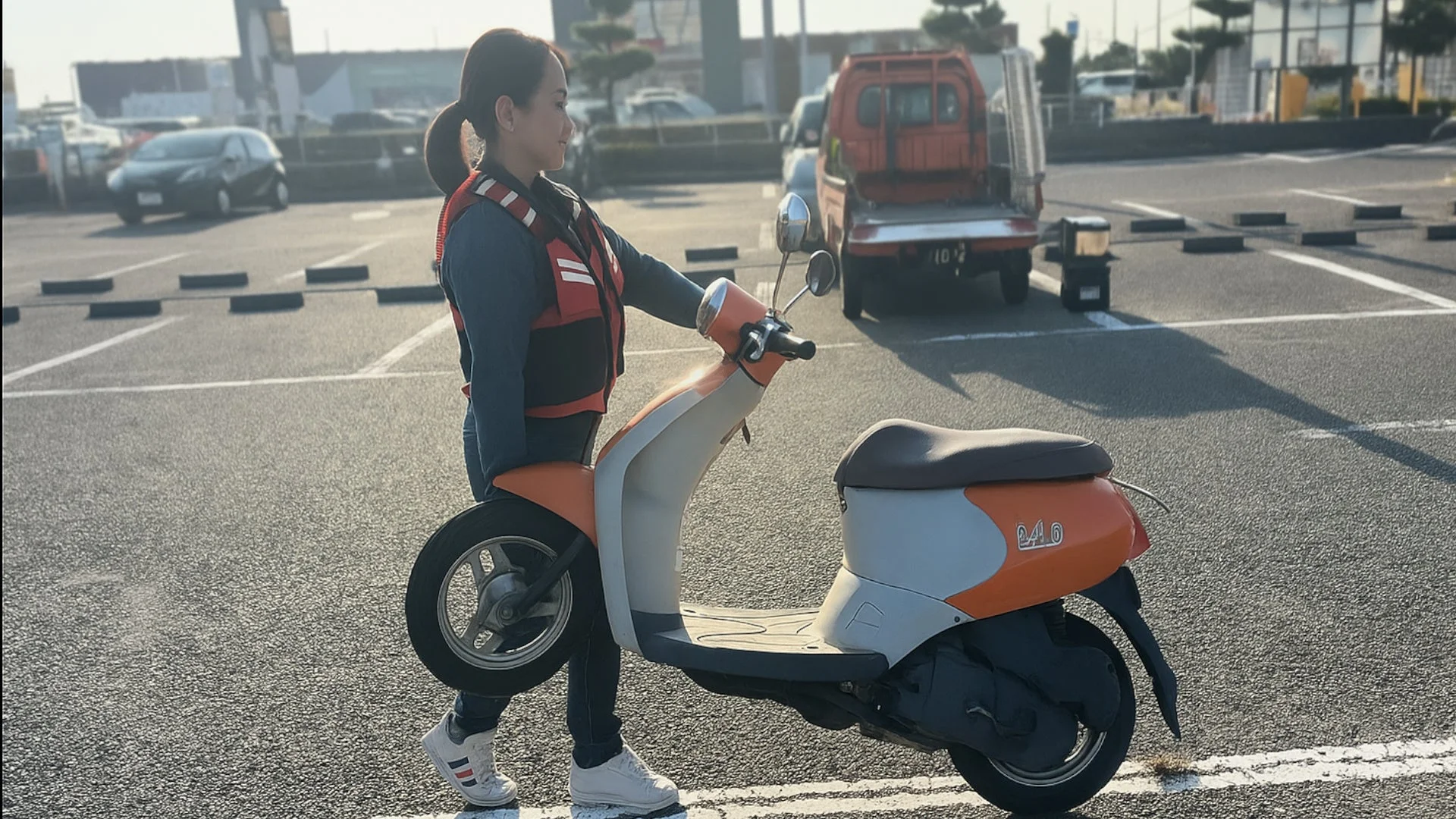 スクーターをレッカー車に積み込む作業員