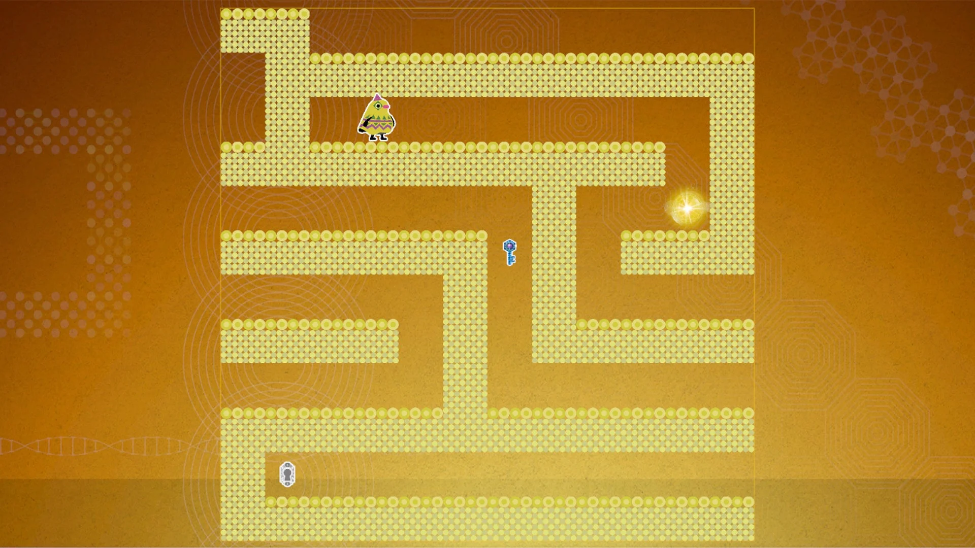 『CYCLIA JOURNEY』のゲーム画面。精霊が迷路を移動し鍵を探す様子