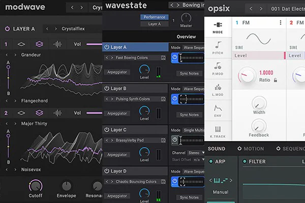 multi/poly native、opsix native、wavestate native、modwave nativeのUI画面