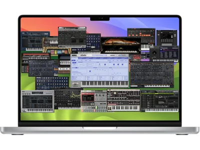 KORG Collection 6の様々なソフトウェアシンセサイザー画面が並ぶノートPC