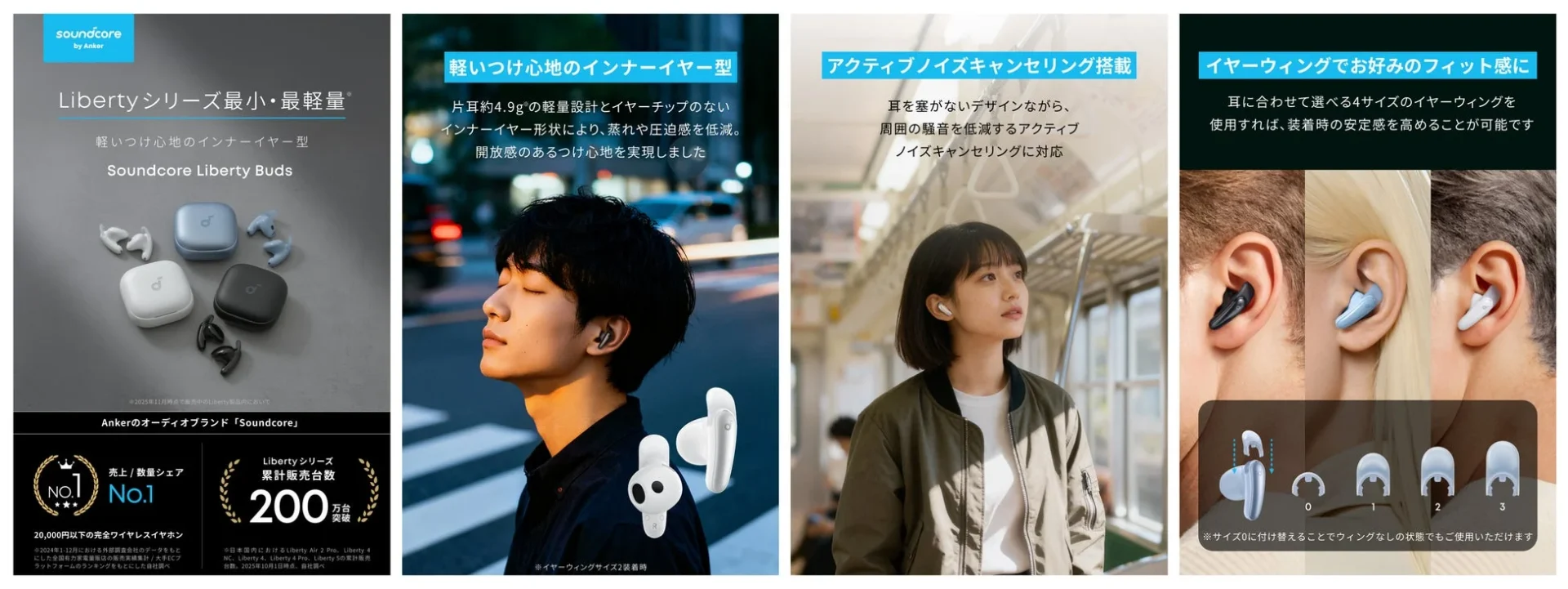 Soundcore Liberty Budsの主要4つの特徴（最小・最軽量、軽いつけ心地、ANC、イヤーウィング）を示す画像。