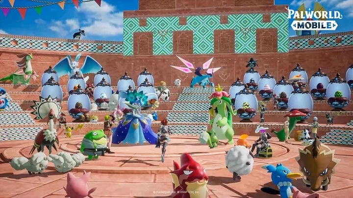 パルワールドモバイルの広場、多数のパルが集まるゲーム画面