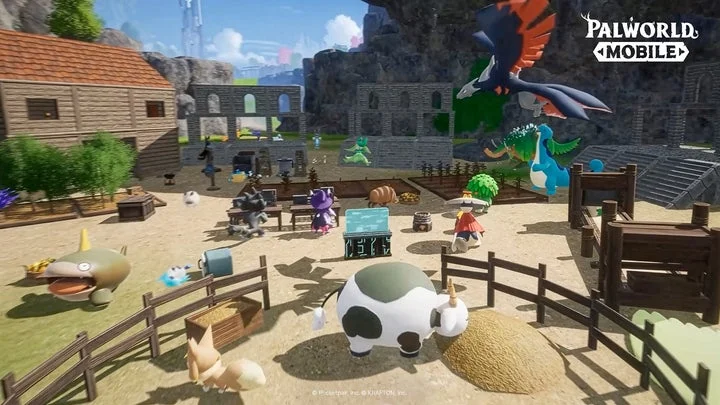 パルワールドモバイルの建築と牧場要素があるゲーム画面