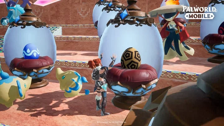 パルワールドモバイルでパルの卵を調べるプレイヤーのゲーム画面