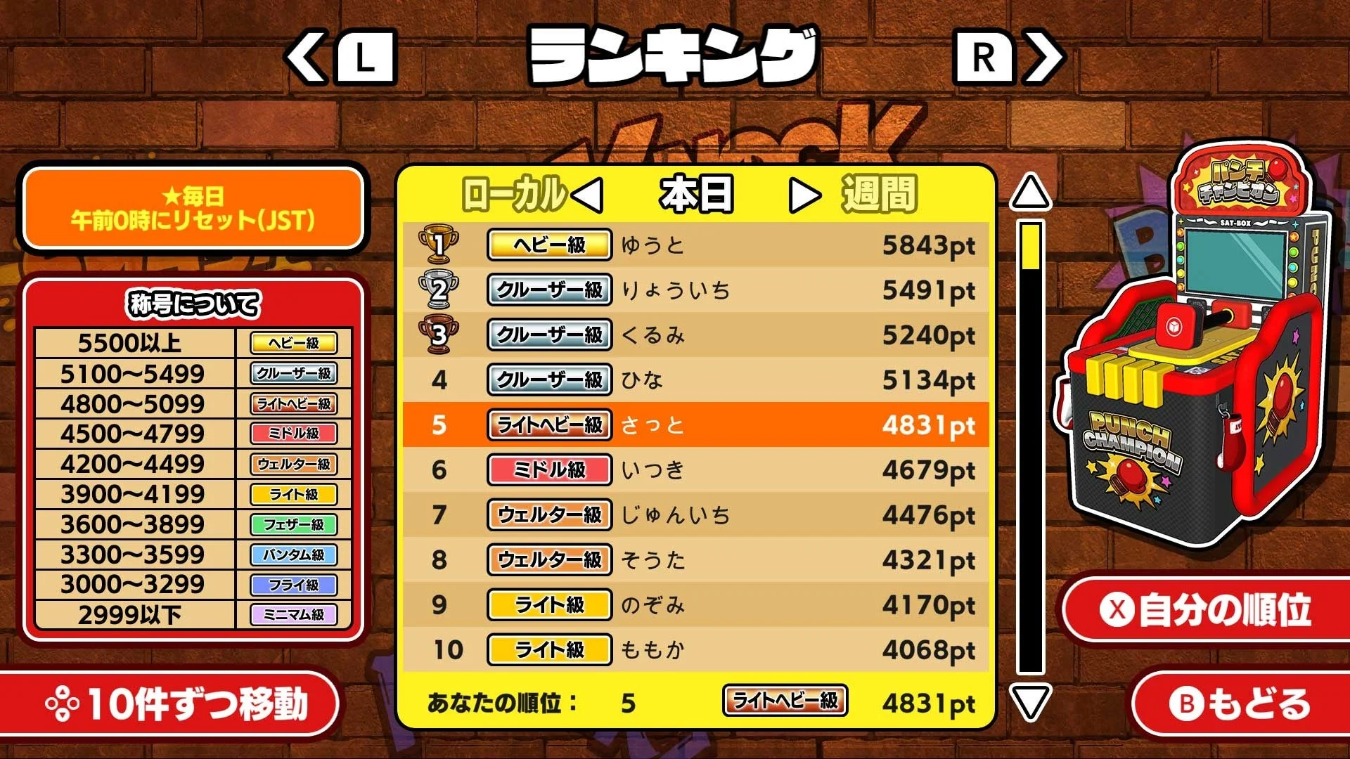 世界中のプレイヤーと競い合うランキング画面