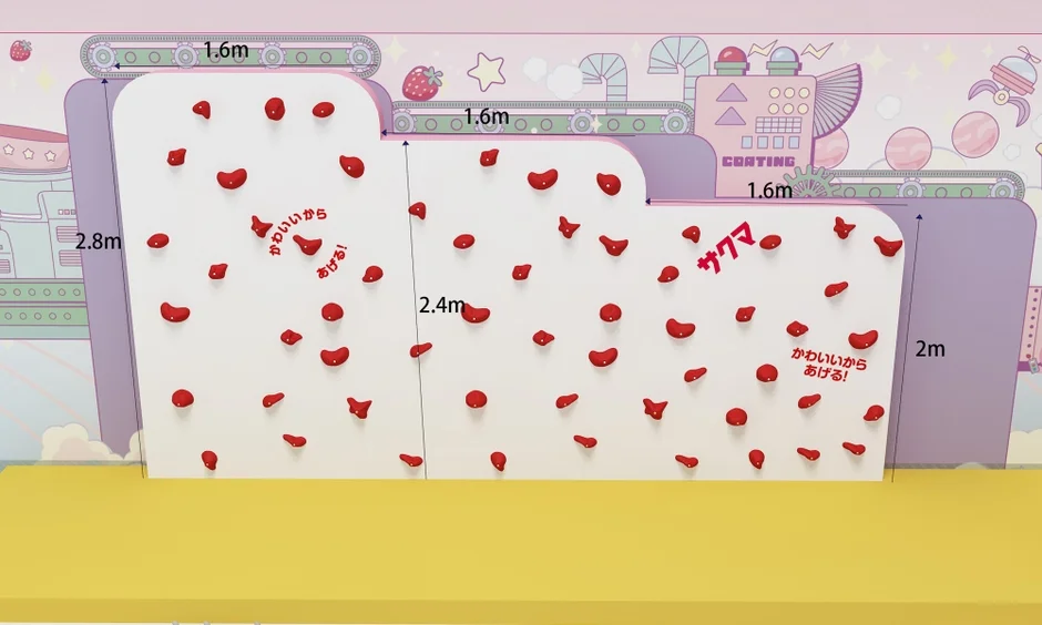 いちごみるくをイメージしたカラフルなミニボルダリングの壁面