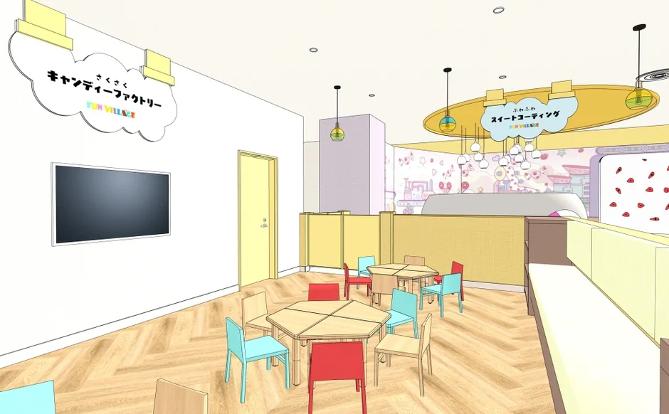 キャンディラボのワークショップスペース、テーブルと椅子が並ぶ