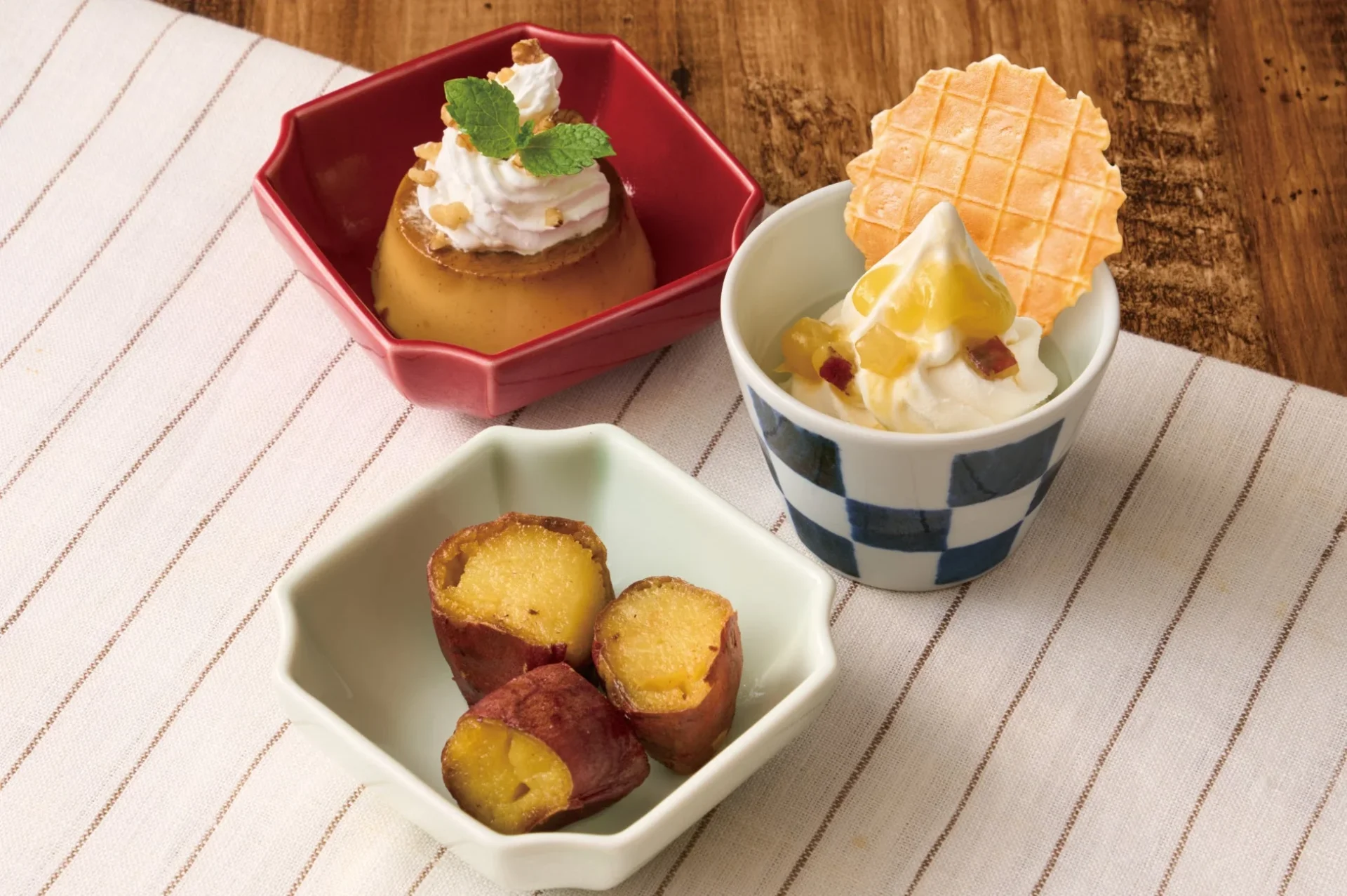 夢庵「焼き芋の甘味三彩」の揚げ焼き芋、おさつソースソフト、夢庵プリン