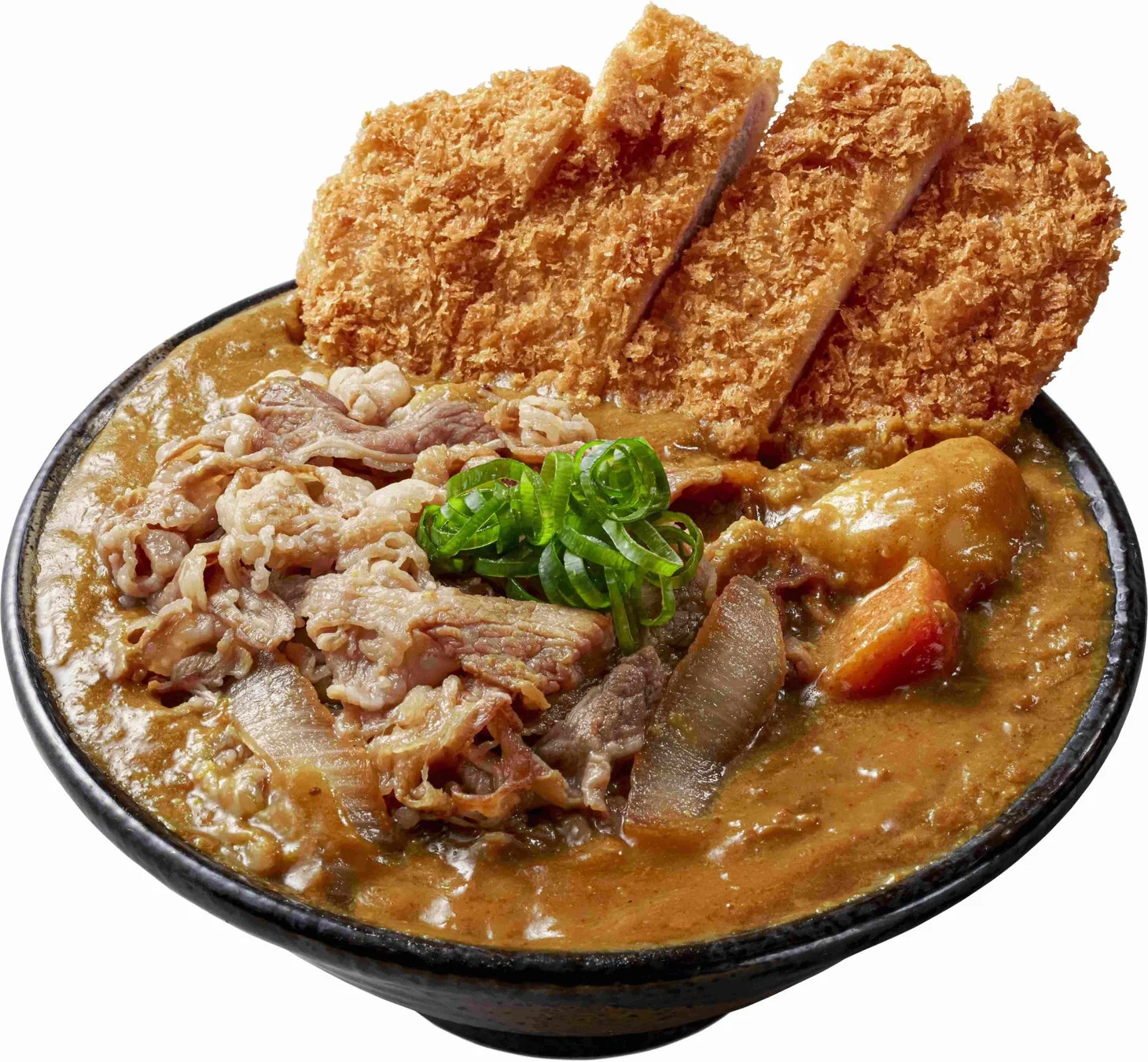 甘辛牛肉とサクッと豚カツが乗ったあふれ盛り肉カレーうどん