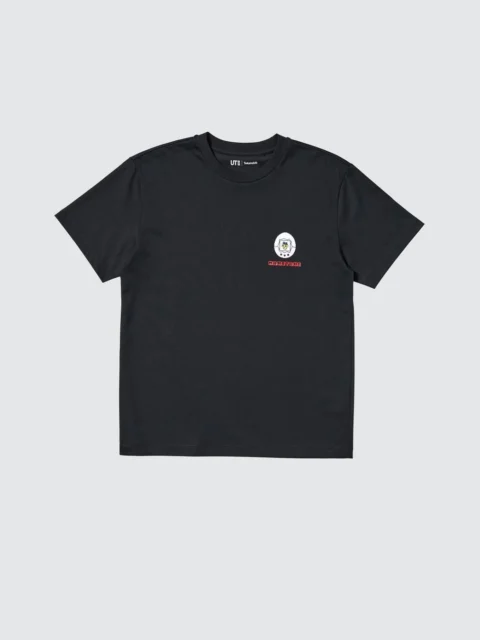 白いたまごっちとまめっちがデザインされた黒Tシャツ(前面)