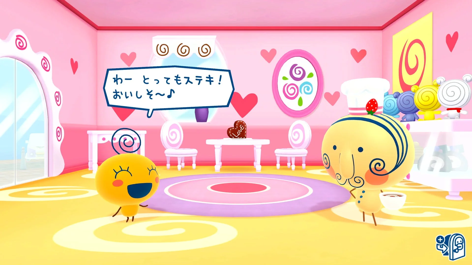 ケーキやさんで完成したケーキに喜ぶたまごっちたち