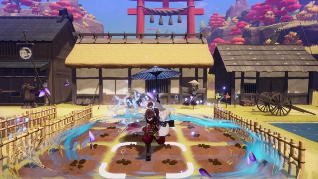 剣を持って舞い魔物にダメージを与える戦闘ゲーム画面