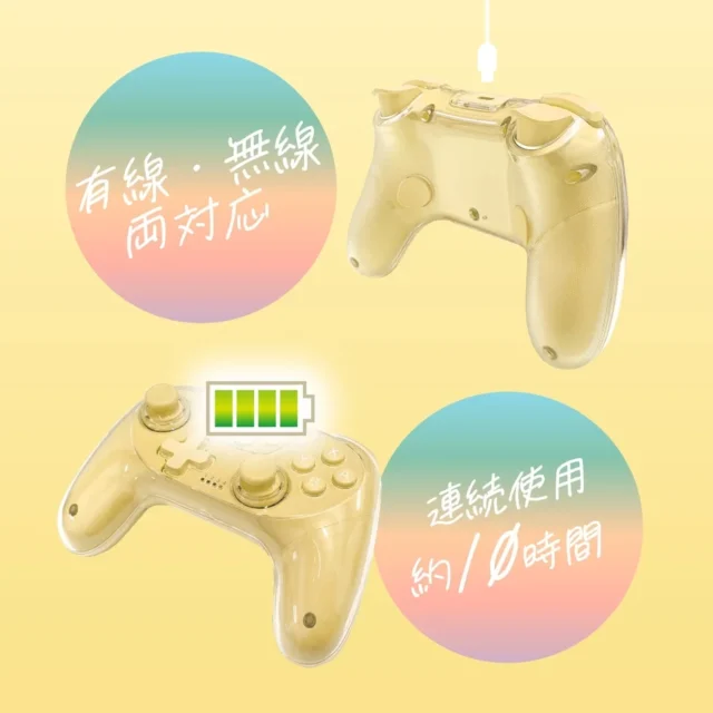 有線無線対応と連続使用10時間を説明するイエローコントローラー