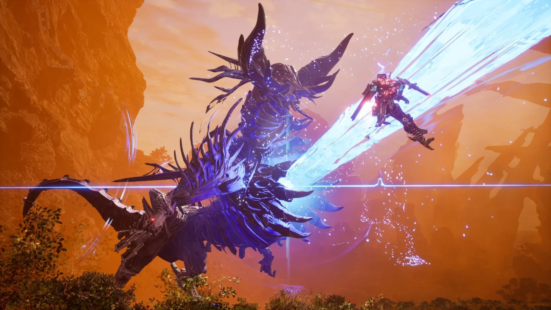 『DAEMON X MACHINA TITANIC SCION』のアーセナルと巨大な敵との戦闘シーン