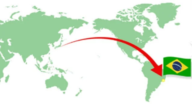 電子レシートの長さを東京からブラジルまでの距離で例える世界地図