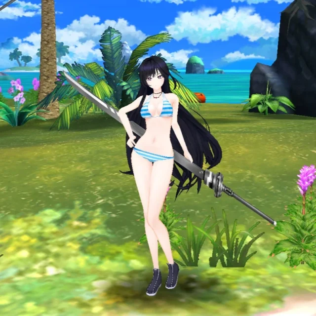 トリスが青と白のストライプビキニを着用したイメージ