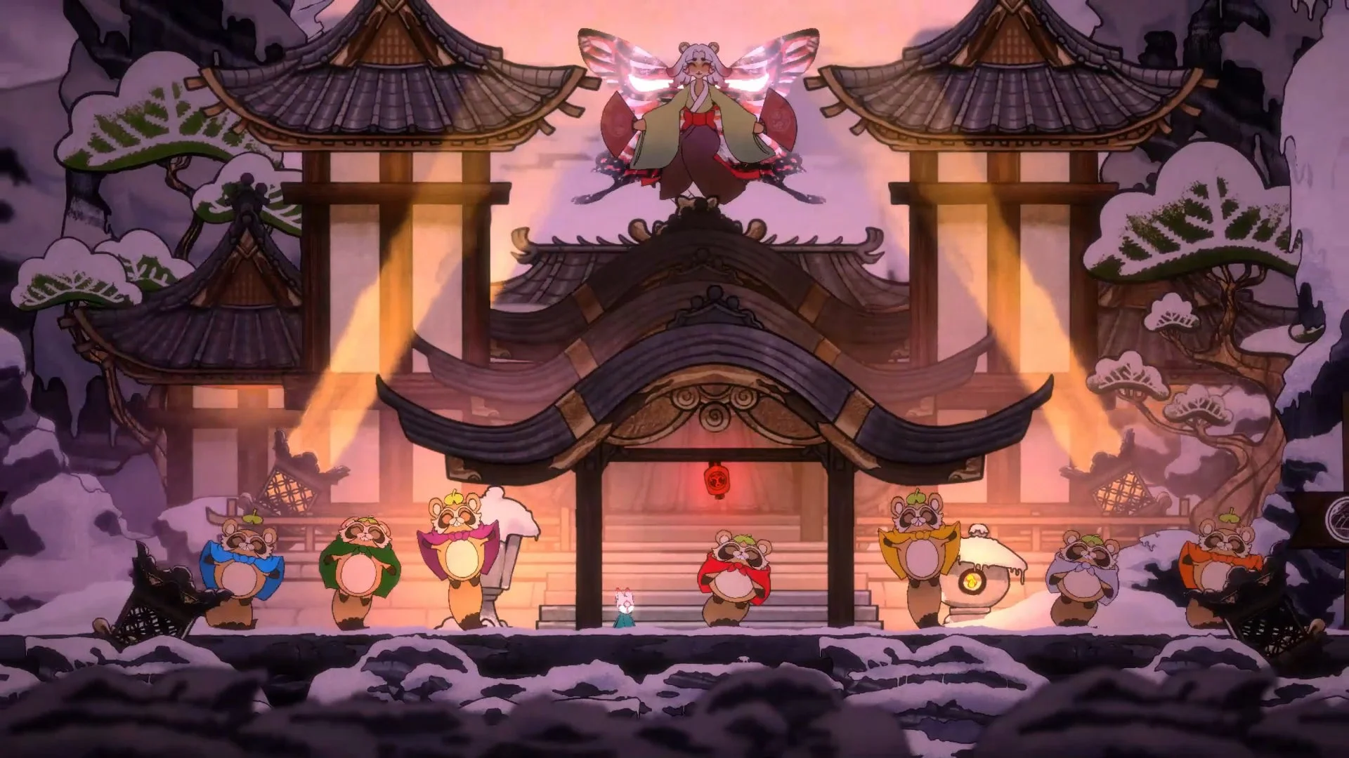 アップデート「タヌキ歌舞伎」で登場する歌舞伎風ステージとタヌキたち