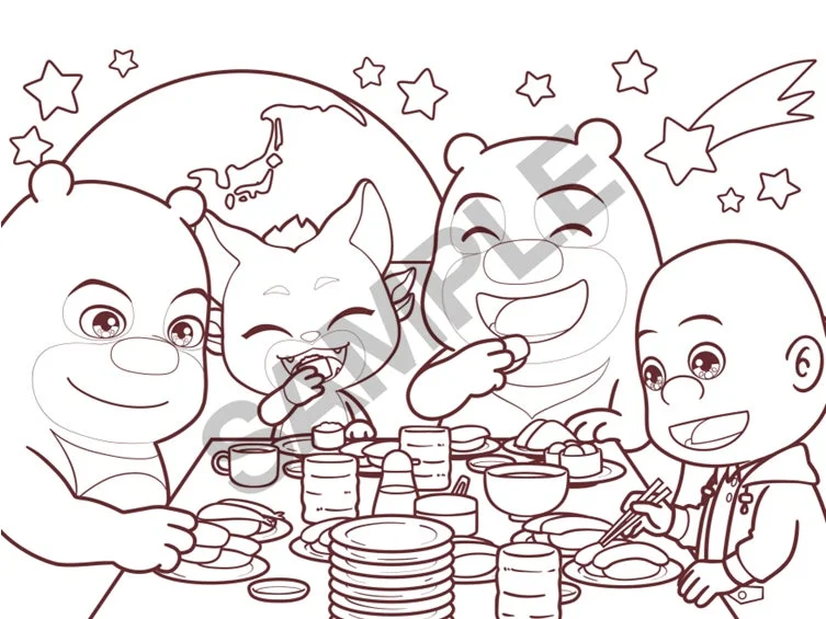 『くまじろう!ちきゅうをすくえ!』とGENKI SUSHI・魚べいのコラボ塗り絵シート。